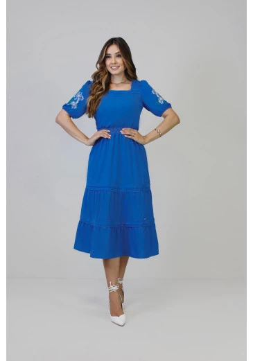 Vestido Kelly Midi Na Seda Bigônia Azul Nítido Alto Verão 2025