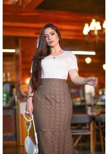 Saia De Renda Midi Com Elastano Verde Mulher Morena Outono/Inverno 2025
