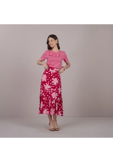 Saia Milene em Viscose Rosa Estampada Tatá Martello Primavera/Verão 2025 
