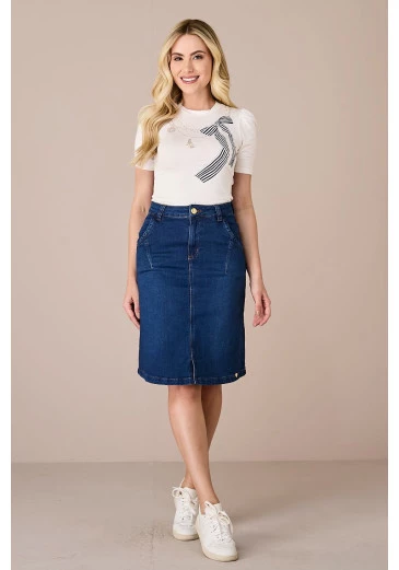 Saia Marcia Jeans Com Elastano Tatá Martello Alto Verão 2025