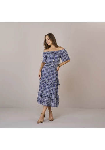 Vestido Hayla Azul Em Tecido Yorio Bordado Tatá Martello Outono/Inverno 2025