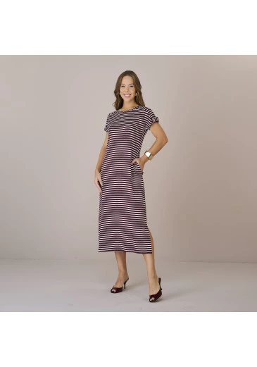 Vestido Leia Com Listras Bordô Em Malha Geo Tripodi Premium Tatá Martello Outono/Inverno 2025