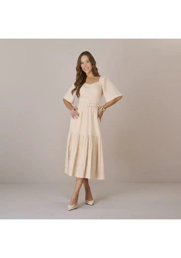 Vestido Patricia Em Tricoline Bordado Bege Tatá Martello Outono/Inverno 2025