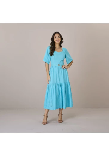 Vestido Patricia Em Tricoline Bordado Azul Tatá Martello Outono/Inverno 2025