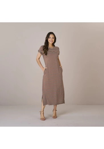 Vestido Leia Com Listras Marrom Em Malha Geo Tripodi Premium Tatá Martello Outono/Inverno 2025