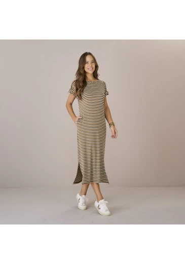 Vestido Leia Com Listras Marrom Claro Em Malha Geo Tripodi Premium Tatá Martello Outono/Inverno 2025
