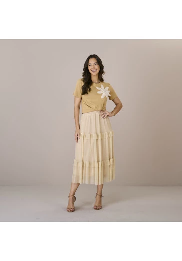 Saia Lia Em Tule Lurex Bege Tatá Martello Outono/Inverno 2025