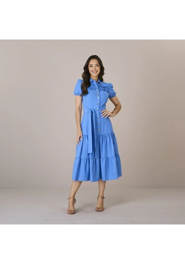 Vestido Magda Em Linho Positano Azul Tatá Martello Outono/Inverno 2025