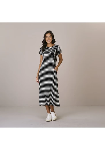 Vestido Leia Com Listras Preto Em Malha Geo Tripodi Premium Tatá Martello Outono/Inverno 2025