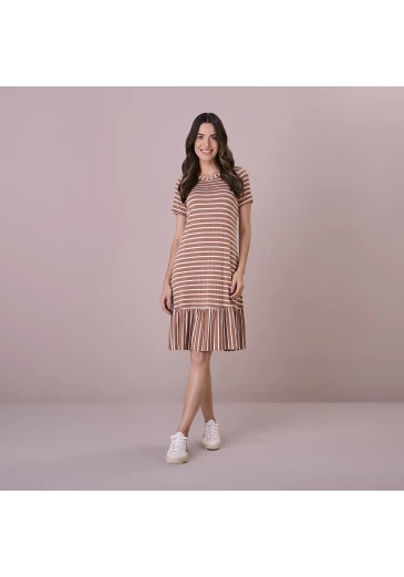 Vestido Pauline Em Malha Listrada Bege Tatá Martello Outono/Inverno 2025
