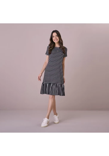 Vestido Pauline Em Malha Listrada Preto Tatá Martello Outono/Inverno 2025