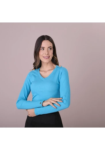 Blusa Mara Em Tecido Canelado Azul Tatá Martello Outono/Inverno 2025