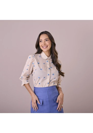 Camisa Valeria Em Algodão Bordado Azul Tatá Martello Outono/Inverno 2025