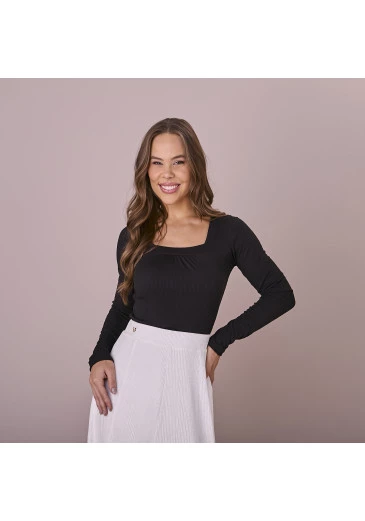 Blusa Vanessa Em Malha Canelada Preto Tatá Martello Outono/Inverno 2025