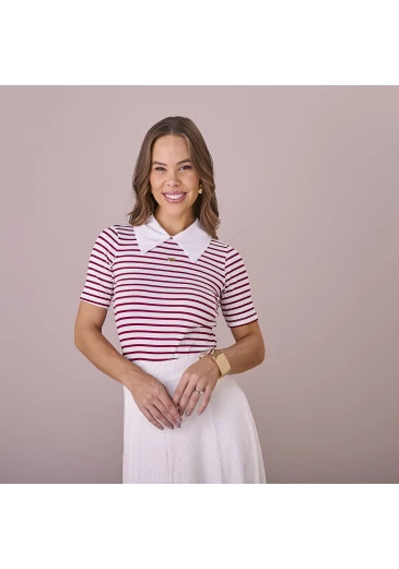 Blusa Sara Malha Canelada Listrada Vermelho Tatá Martello Outono/Inverno 2025