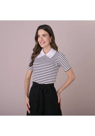Blusa Sara Malha Canelada Listrada Preto Tatá Martello Outono/Inverno 2025