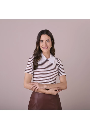 Blusa Sara Malha Canelada Listrada Marrom  Escuro Tatá Martello Outono/Inverno 2025