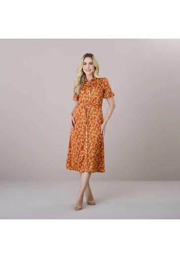 Vestido Bruna Em Crepe Veneza Estampado Laranja Tatá Martello Outono/Inverno 2025