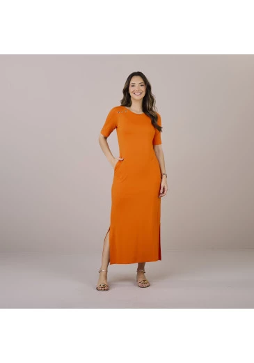Vestido Luciana Em Malha Laranja Tatá Martello Outono/Inverno 2025