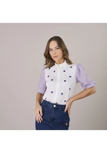 Blusa Kátia Em Viscolinho Detalhes De Coração Roxa Tatá Martello Alto Verão 2025