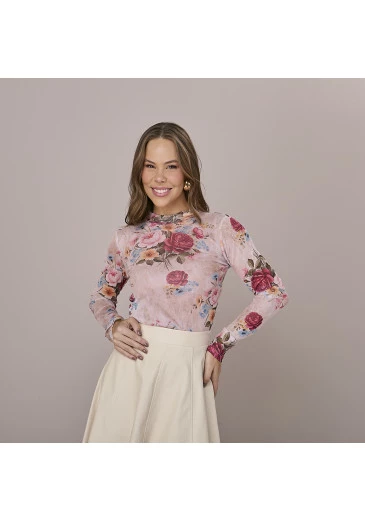 Blusa Tayana Em Tule Estampado Rosa Tatá Martello Outono/Inverno 2025