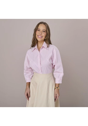 Camisa Tania Em Tricoline Listrada Rosa Tatá Martello Outono/Inverno 2025