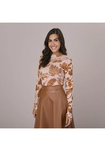 Blusa Tayana Em Tule Estampado Caramelo Tatá Martello Outono/Inverno 2025