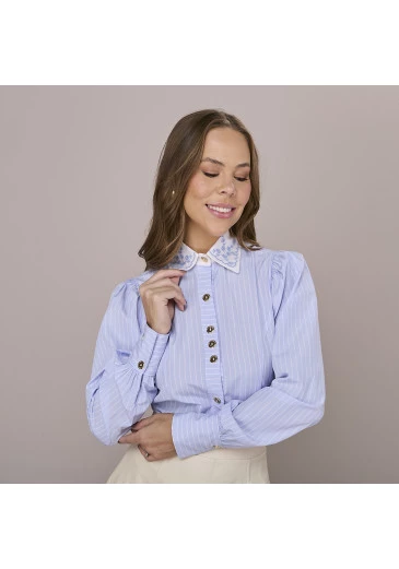 Camisa Carol Em Camisaria De Algodão Azul Tatá Martello Outono/Inverno 2025
