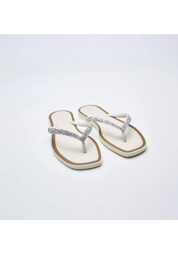 Chinelo Liso Branco E Bege Com Strass Tatá Martello Alto Verão 2025