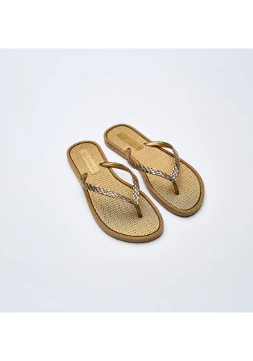 Chinelo Com Textura Dourado Com Strass Tatá Martello Alto Verão 2025