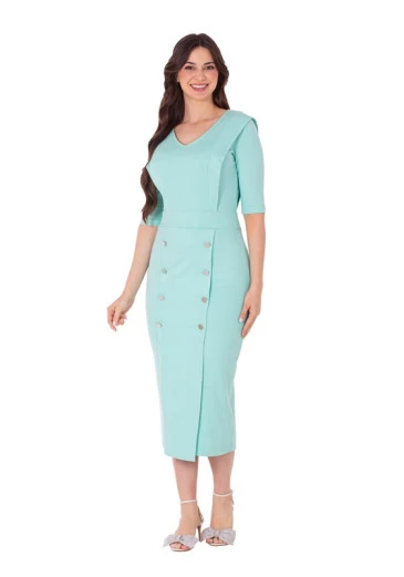 Vestido Emma em Ponto Roma com Botões Verde Água Hapuk Primavera/Verão 2025 