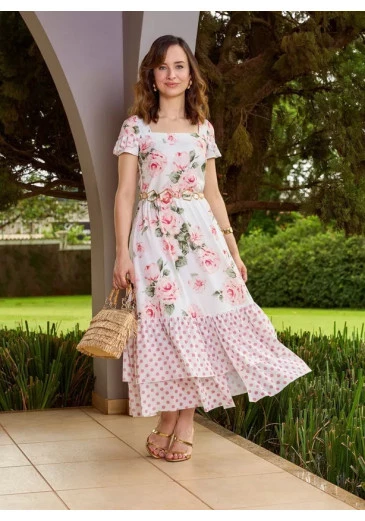 Vestido Aniely Mix Tecidos Estampado Jany Pim Alto Verão 2025