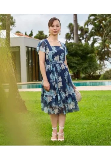 Vestido Erika Estampado Azul Godê Jany Pim Alto Verão 2025