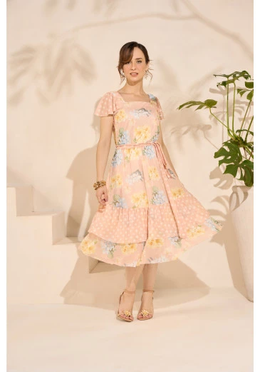 Vestido Anielli Estampado Godê Jany Pim Alto Verão 2025