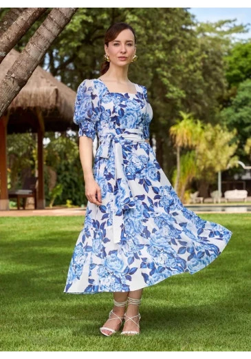 Vestido Talita Azul Estampado Jany Pim Alto Verão 2025 