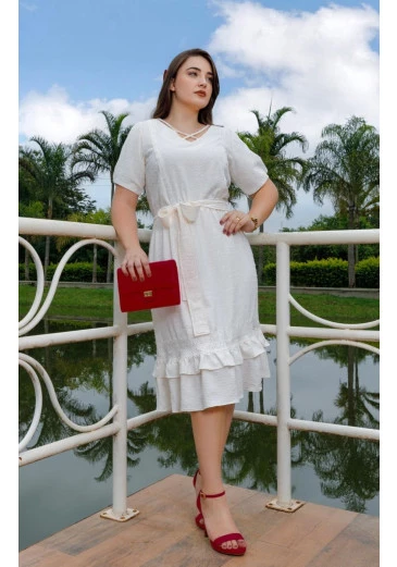 Vestido Jessica em Crepe Maquinetado Off White Maria Amore Alto Verão 2025 