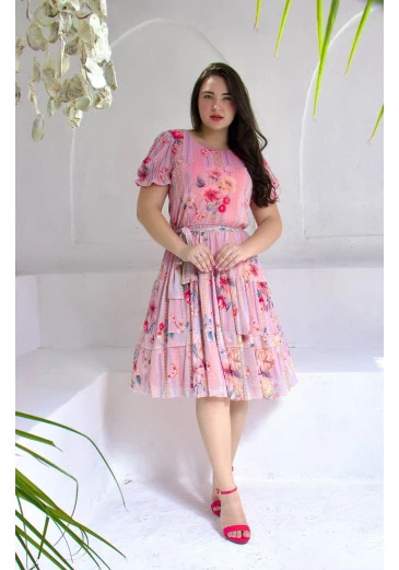 Vestido Adele Em Tule de Malha Estampado Rosa Maria Amore Alto Verão 2025