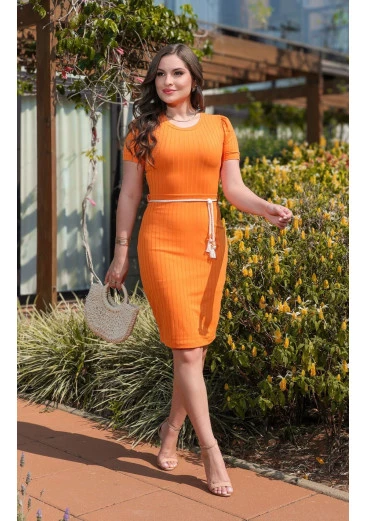 Vestido Elis Em Malha Canelada Laranja Maria Amore Primavera/Verão 2025