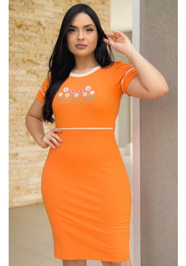 Vestido Fabiola Em  Malha Canelada Premium Laranja Maria Amore Alto Verão 2025