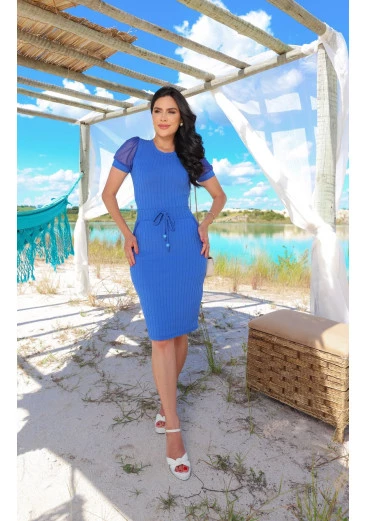 Vestido Eva Em Malha Canelada Azul Maria Amore Alto Verão 2025