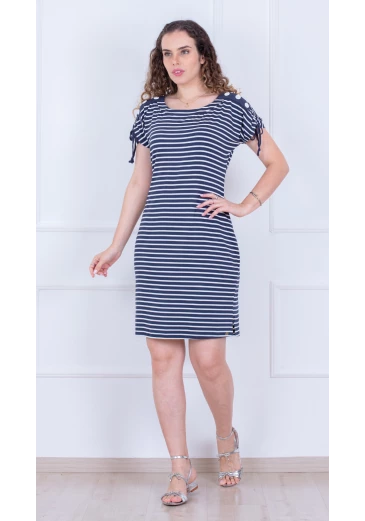 Vestido Marines Em Malha Listrada Azul Puro Sharmy Alto Verão 2025