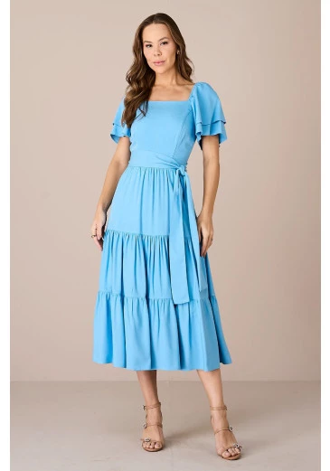 Vestido Michele em Viscose com Faixa Azul Tatá Martello Alto Verão 2025 