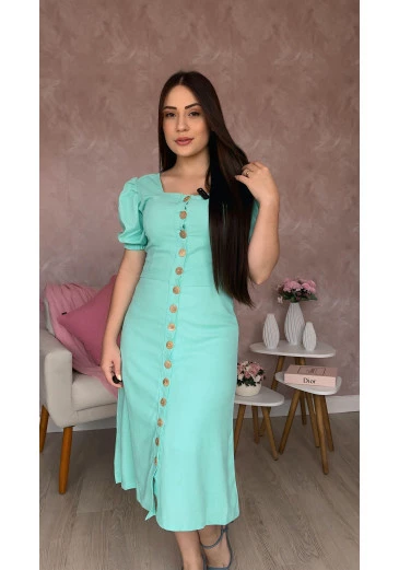 Vestido No Linho Forrado Verde Mulher Morena Alto Verão 2025