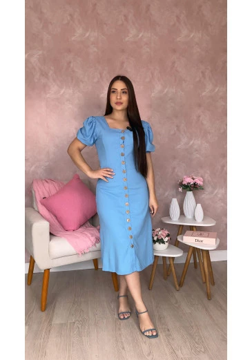 Vestido No Linho Forrado Azul Celeste Mulher Morena Alto Verão 2025