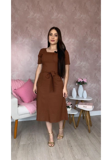 Vestido No Linho Com Forro E Bolso Na Frente Marrom Mulher Morena Alto Verão 2025