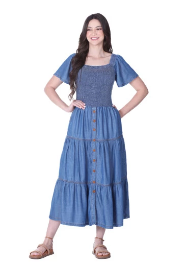 Vestido Neuza Jeans Leve Claro com Botões e Bolsos Hapuk Alto Verão 2025 