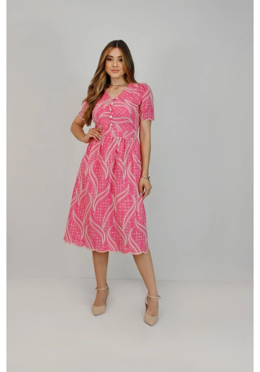 Vestido Sonya em Laise Bordado com Manga Franzida Rosa Nítido Primavera/Verão 2025 