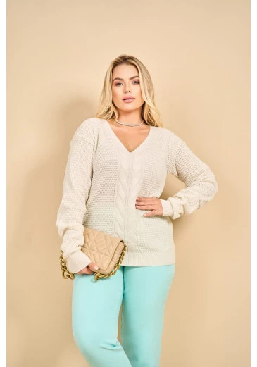  Blusa Em Tricot Detalhes Em Trança Gola V Off White Outono/Inverno 2023
