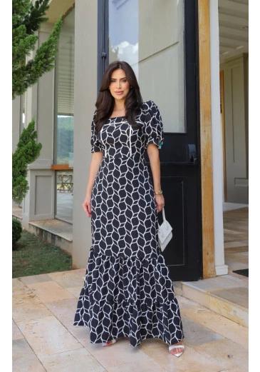 Vestido Tamires Em Crepe Preto Estampado Maria Amore Outono/ Inverno 2025