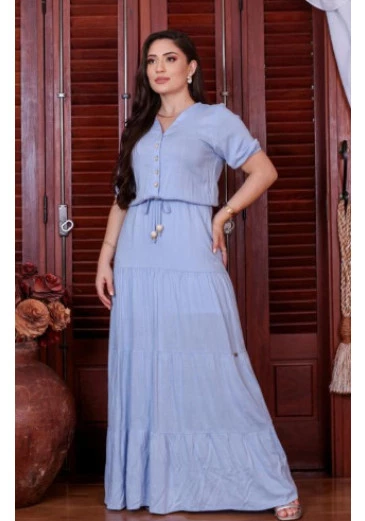 Vestido Longo Em Viscolinho Azul Céu Mulher Morena Outono/Inverno 2025